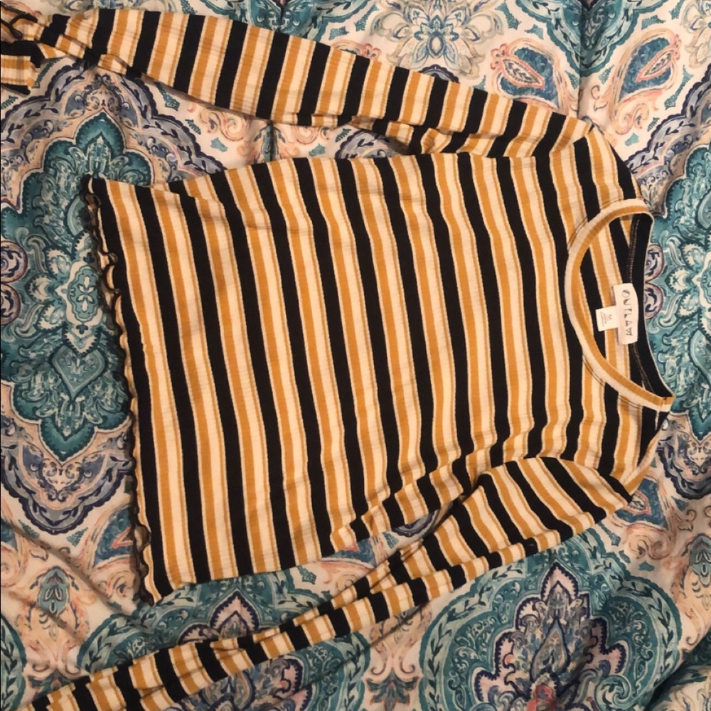 Navy blue, white, yellow striped shirt.